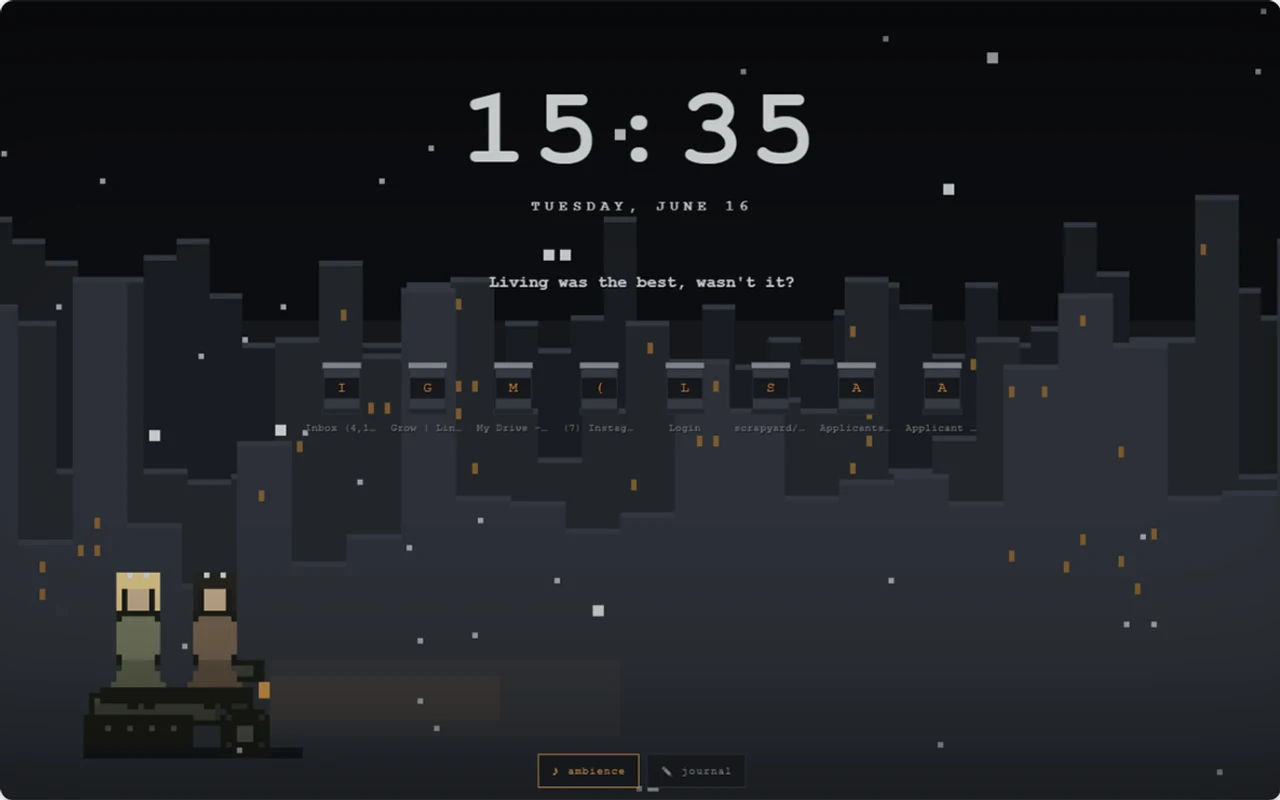 The Last Tour new tab page: a procedural pixel-art city at night, with a clock and the Kettenkrad